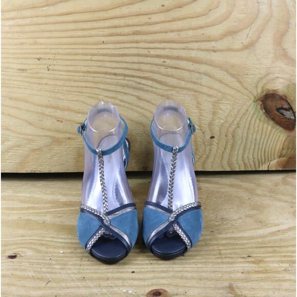 Anthropologie Leifsdottir Womens 7B Blue Suede T-Strap Lunar Puzzle 4" Buckle - Picture 2 of 9